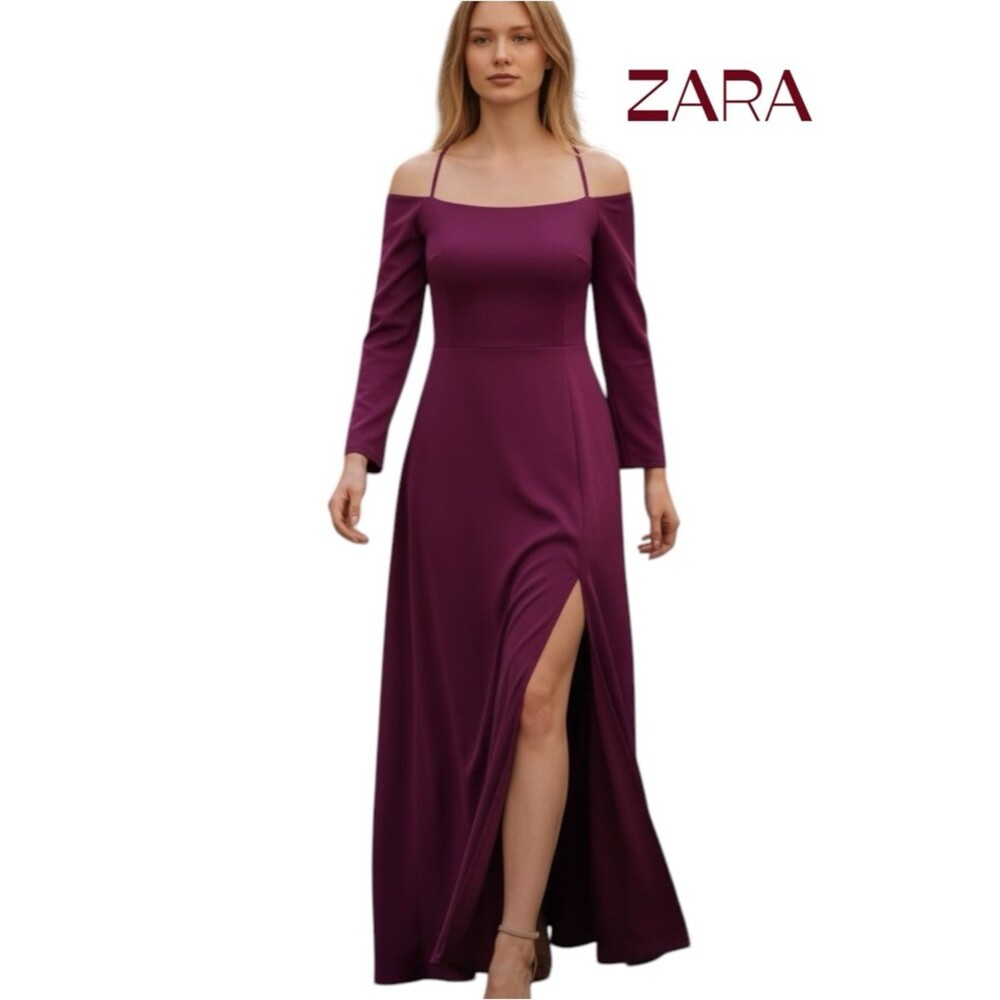 ZARA Plum Off-Shoulder Long Sleeve Slit Maxi Dress NWOT Size M Event Party